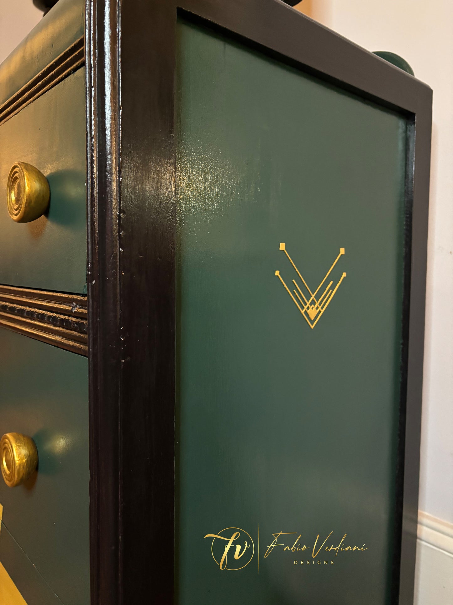 Art deco waterfall dresser - Dark Green and Yellow with Gold details