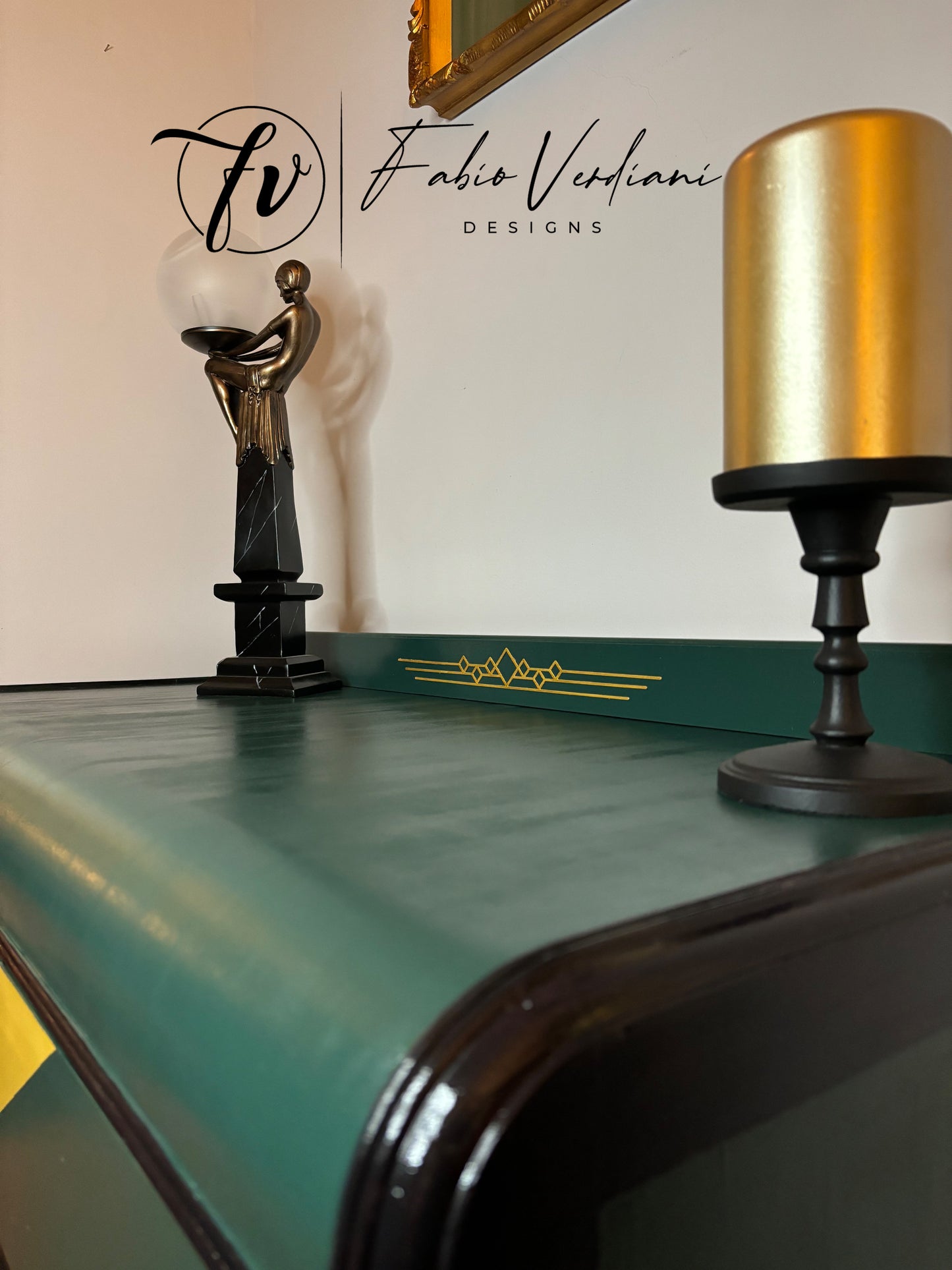 Art deco waterfall dresser - Dark Green and Yellow with Gold details