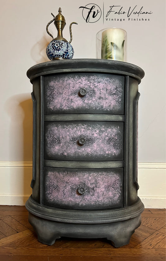 Oval Nightstand or Coffee Table in pink and sage, moldings in black