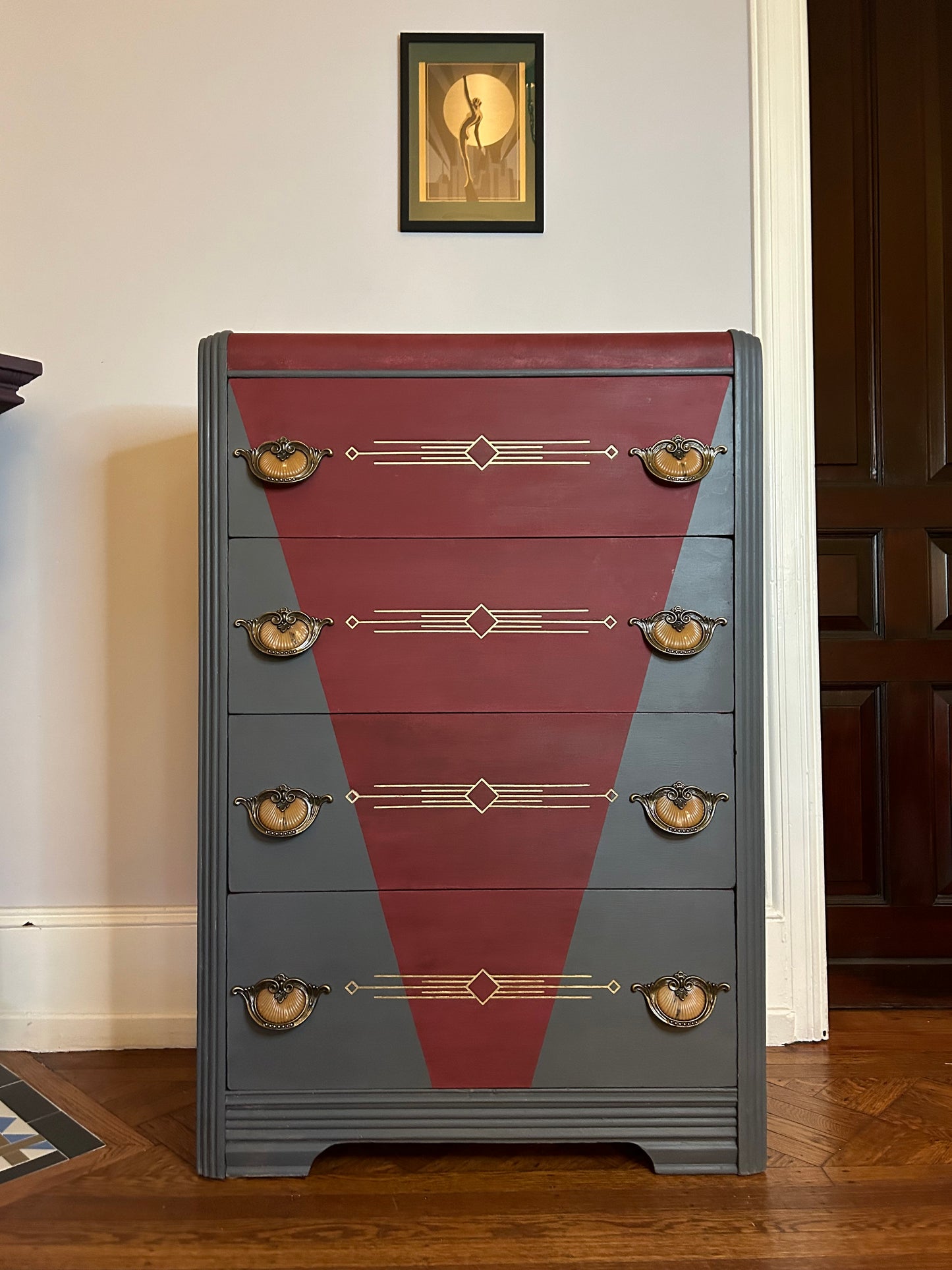 Tall  chest of drawers - Art deco waterfall-  Burgundy and Metal Gray