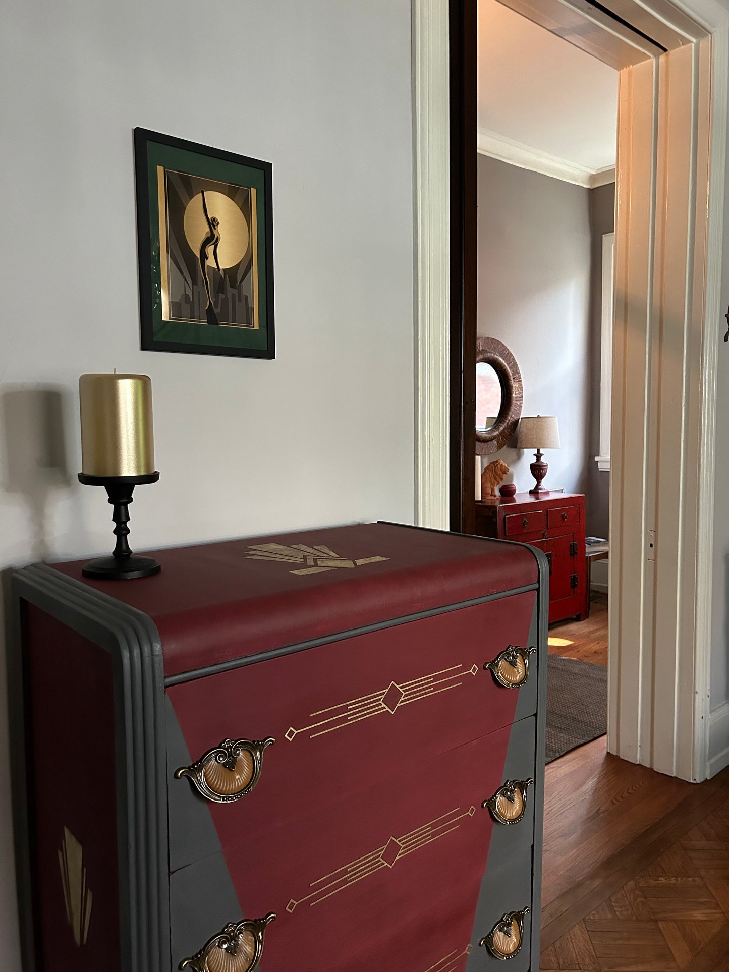 Tall  chest of drawers - Art deco waterfall-  Burgundy and Metal Gray