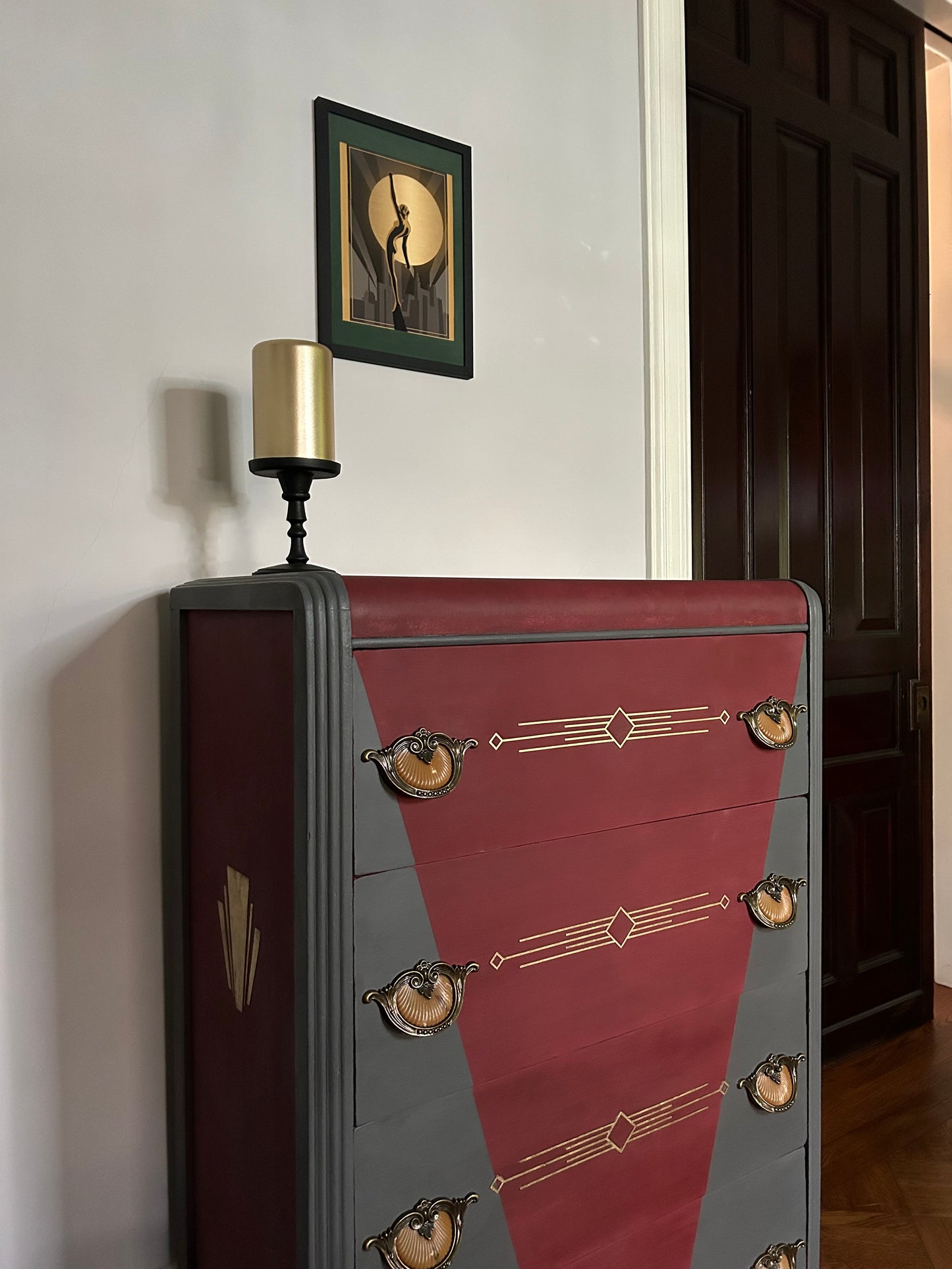 Tall  chest of drawers - Art deco waterfall-  Burgundy and Metal Gray