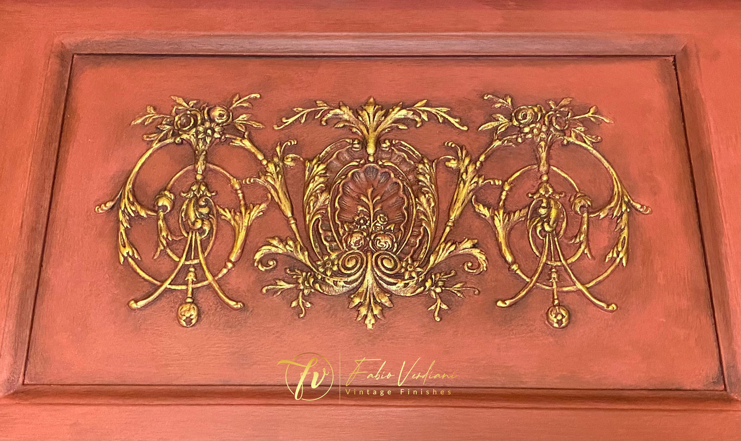 Vintage carved honky-tonk Kimbal piano front panel in Annie Sloan Burgundy and Athenian Black chalk paint, gold metallic and clear and black wax