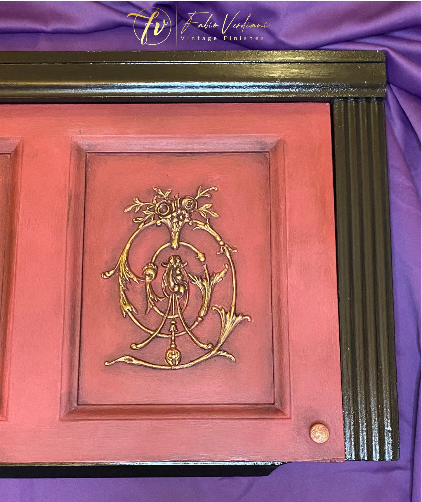 Vintage carved honky-tonk Kimbal piano front panel in Annie Sloan Burgundy and Athenian Black chalk paint, gold metallic and clear and black wax