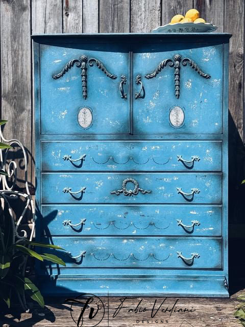 Tall chest of drawers with fours drawers and 2 doors painted during the Annie Sloan Paint Retreat in Portishead, UK.