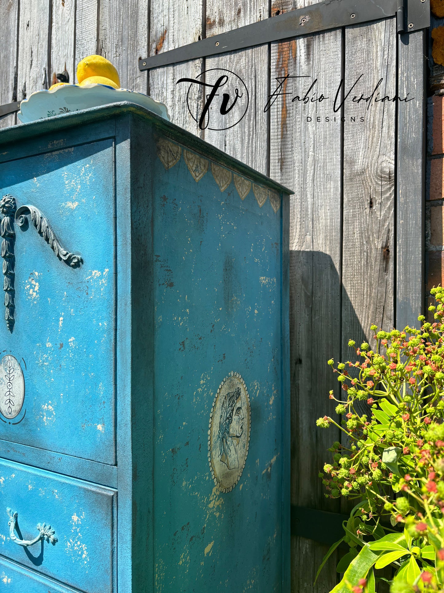 Tall chest of drawers with fours drawers and 2 doors painted during the Annie Sloan Paint Retreat in Portishead, UK.