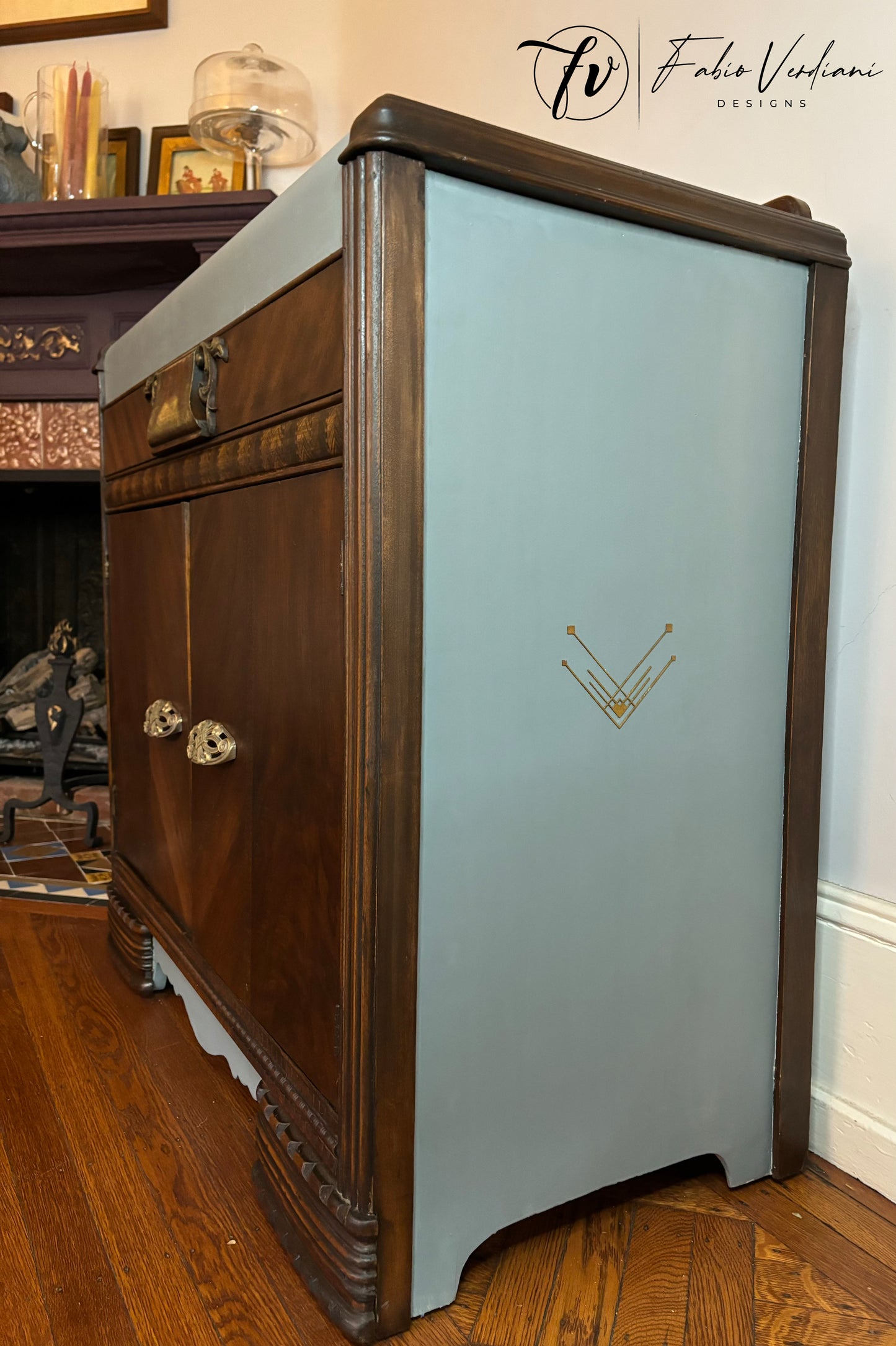 Art deco waterfall cabinet bar - Denim Blue top and sides- Java veneer front and frame