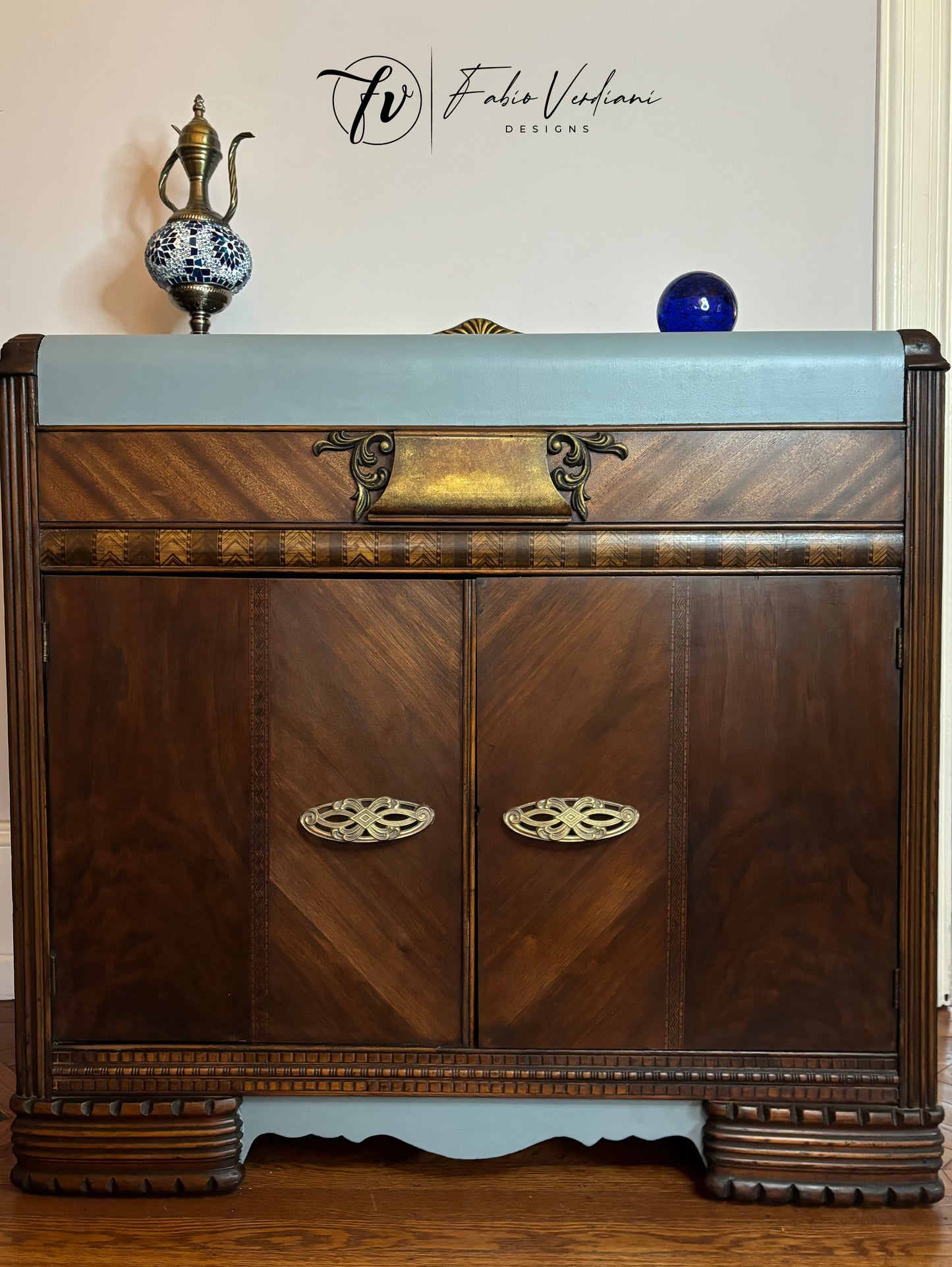 Art deco waterfall cabinet bar - Denim Blue top and sides- Java veneer front and frame