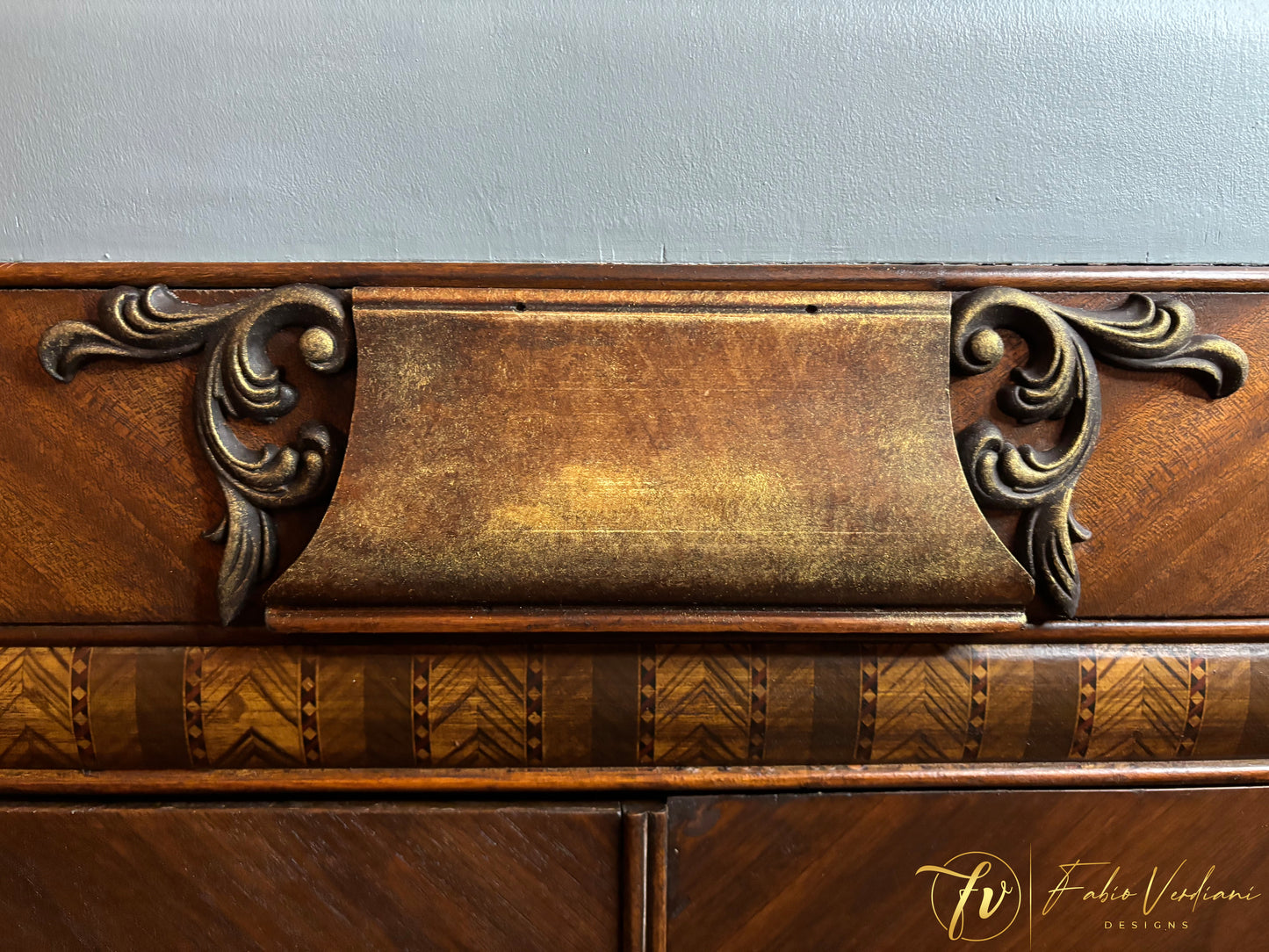 Art deco waterfall cabinet bar - Denim Blue top and sides- Java veneer front and frame