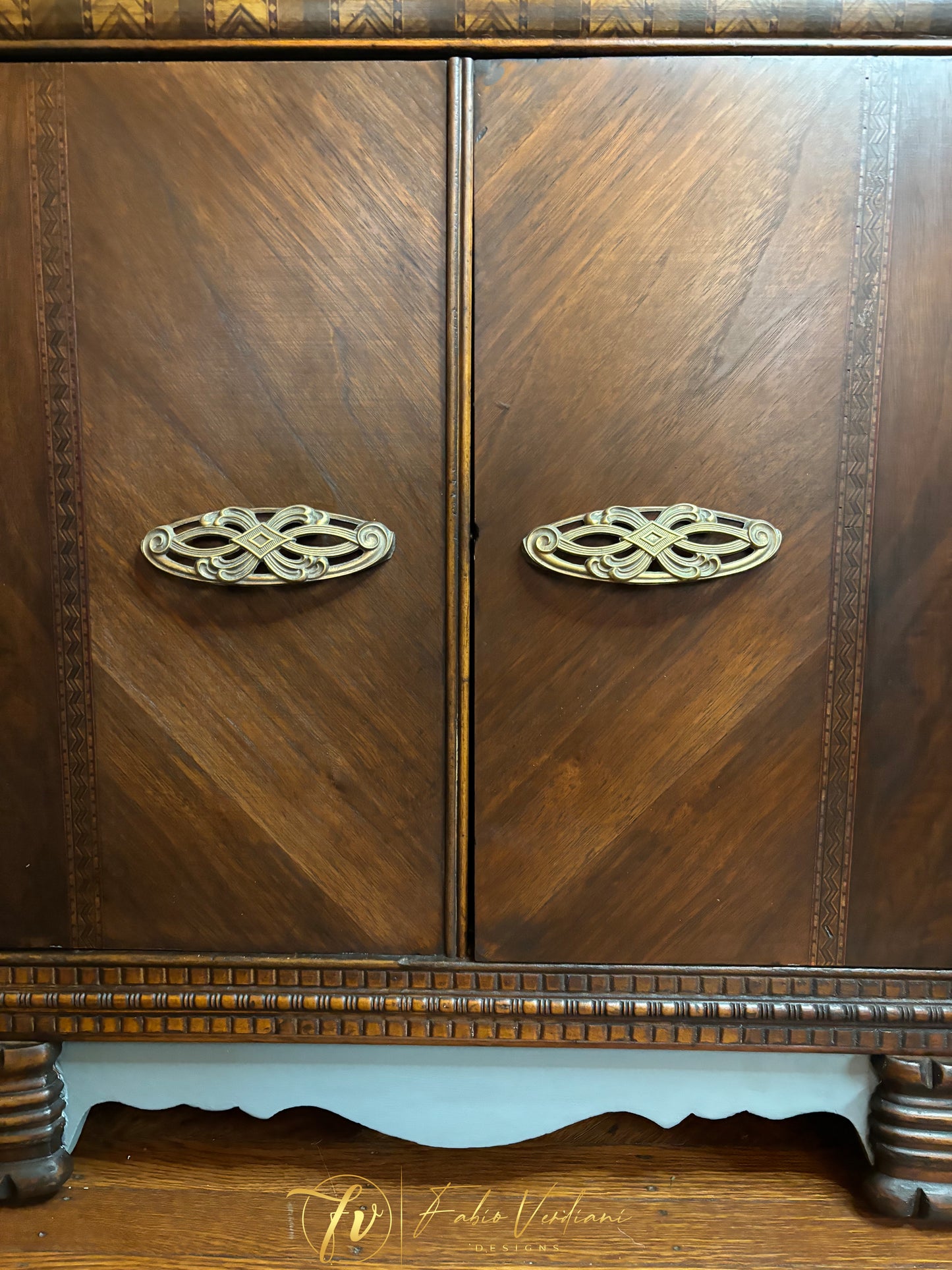 Art deco waterfall cabinet bar - Denim Blue top and sides- Java veneer front and frame