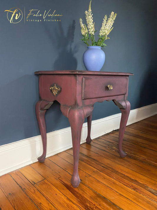 Coffee Table in Graphite and Orchid chalk paint, old gold  top stencil and moldings, orchid shaped hardware, inside drawer decoupage