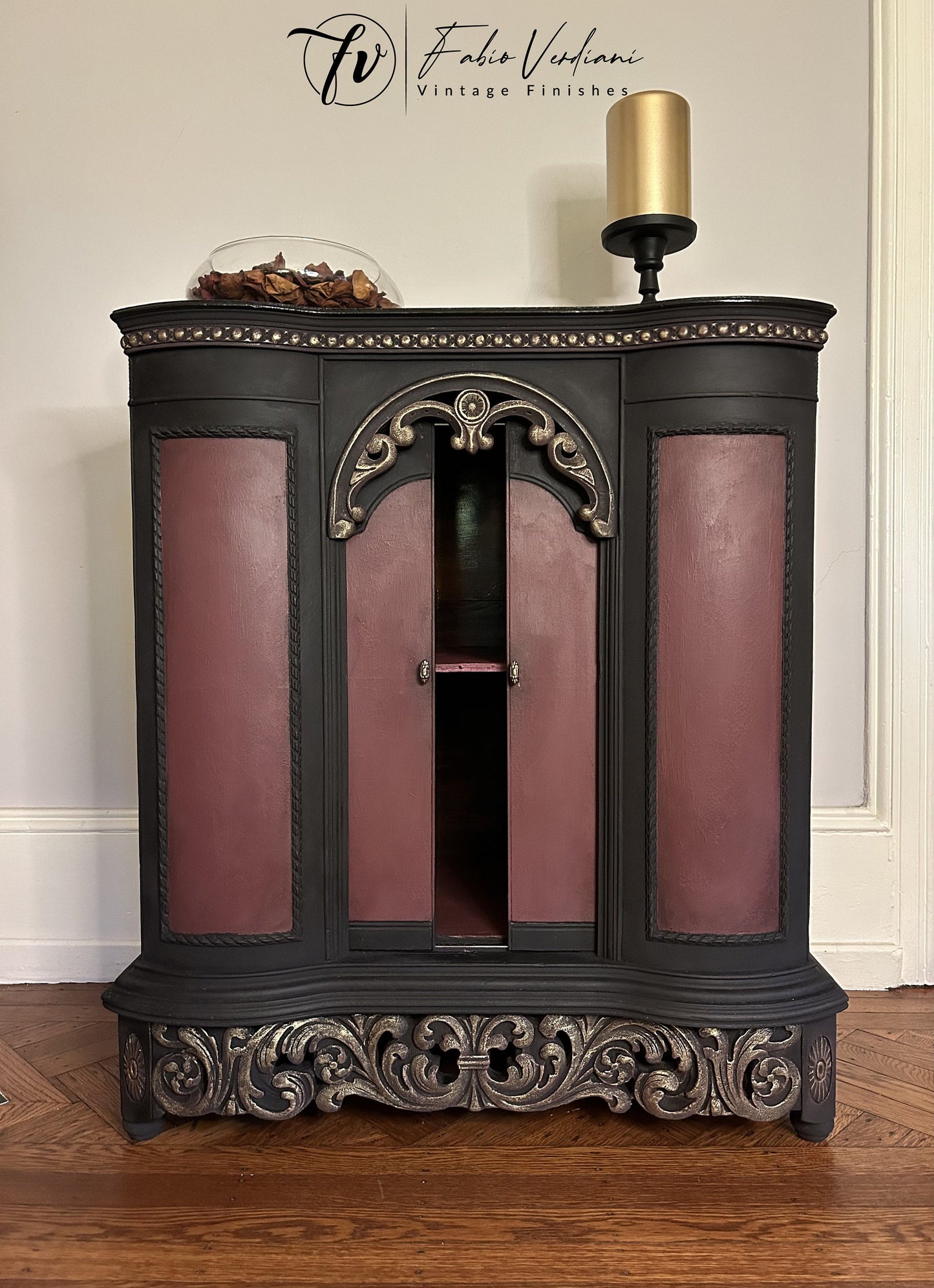 Vintage Radio Cabinet Purple and Black with Gold moldings for cabinet bar - Bosh -1920