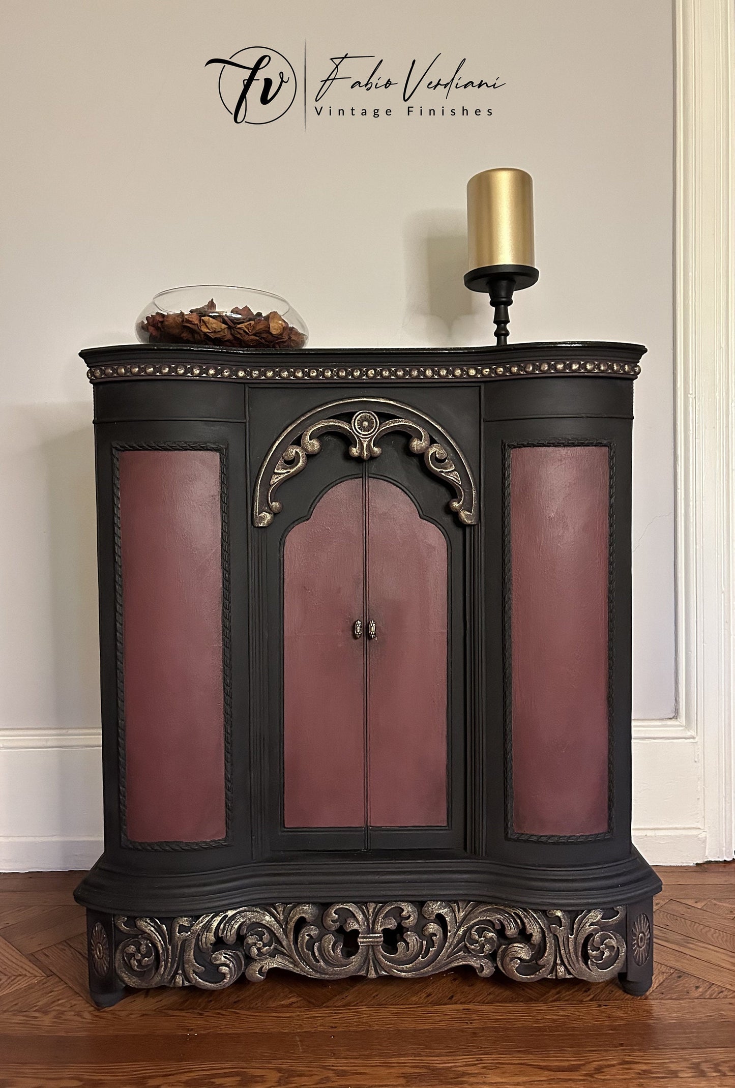 Vintage Radio Cabinet Purple and Black with Gold moldings for cabinet bar - Bosh -1920