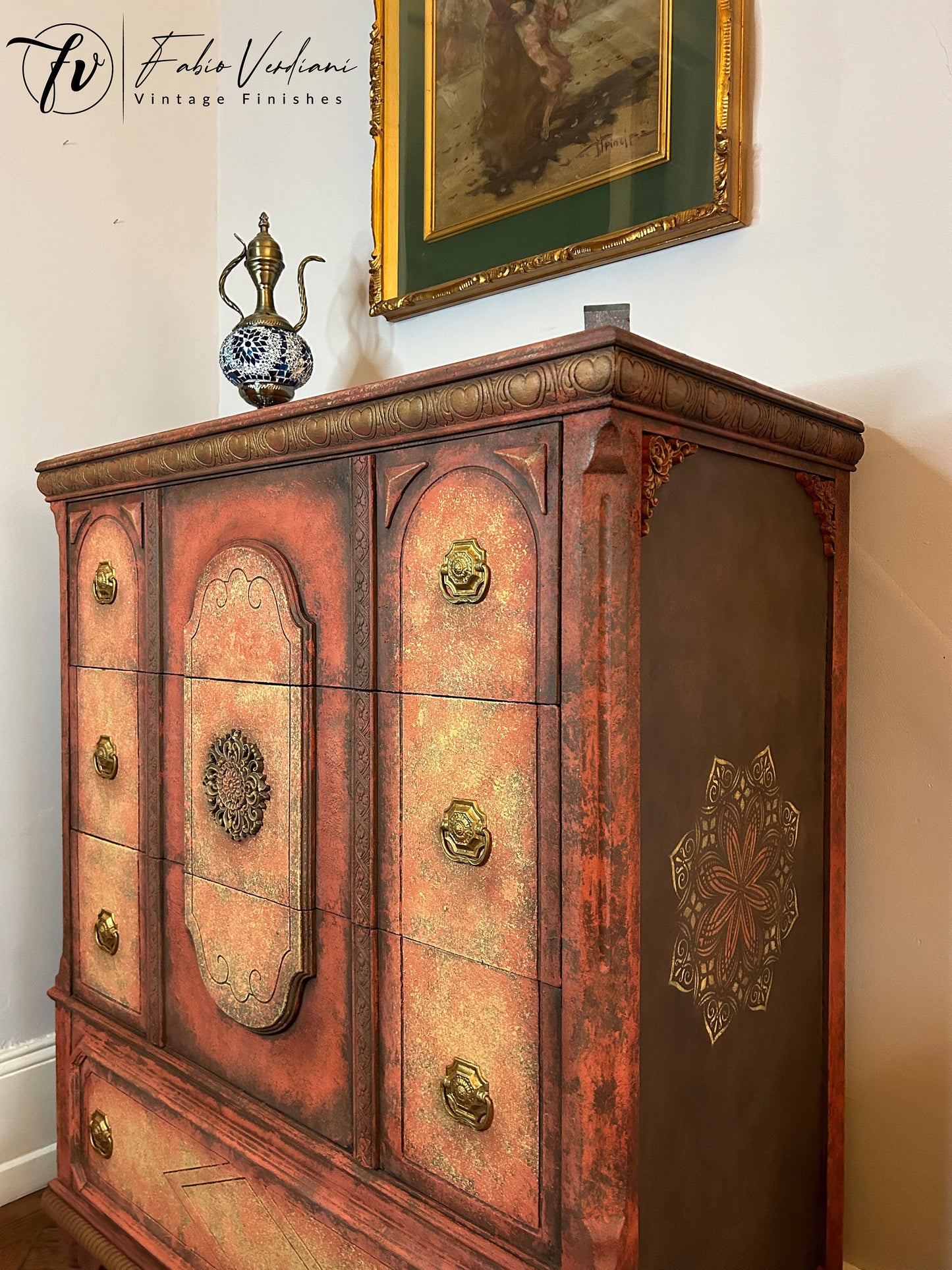 Tall Dresser Red and Yellow Moroccan Thirsties style with moldings