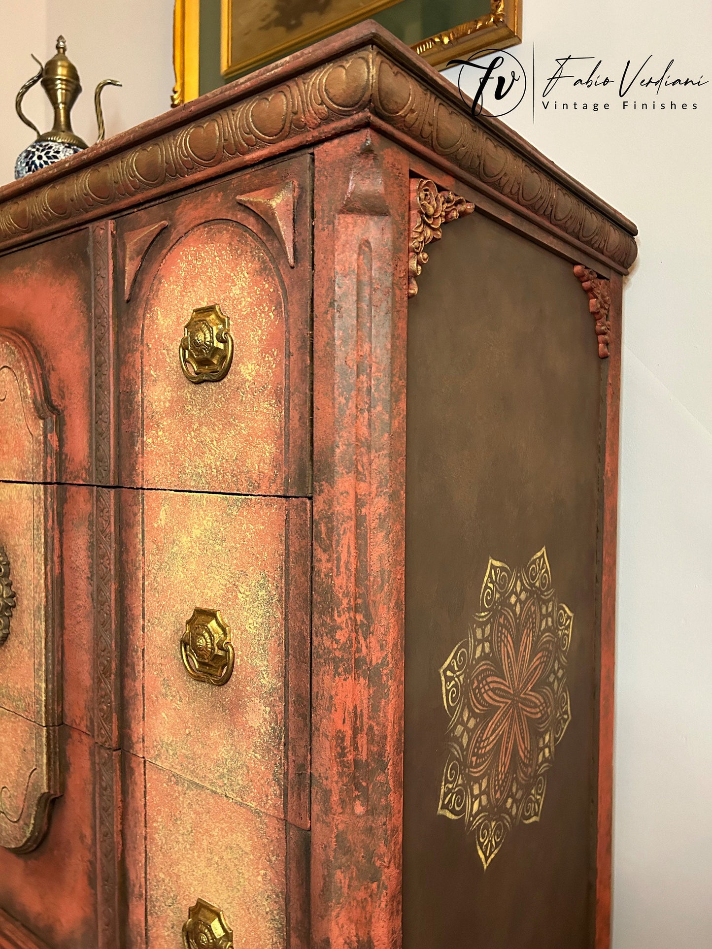 Tall Dresser Red and Yellow Moroccan Thirsties style with moldings