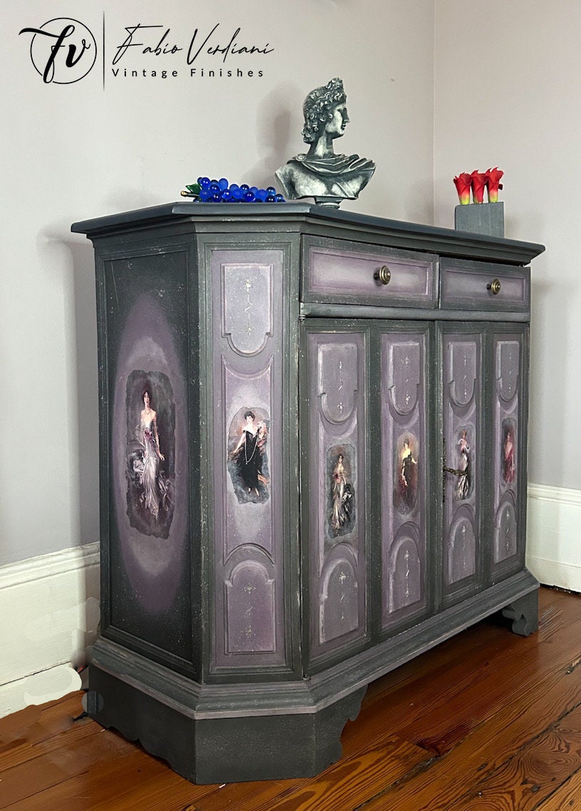 Vintage Italian Credenza, Lilac and Slate Gray paint With Boldini Ladies Images