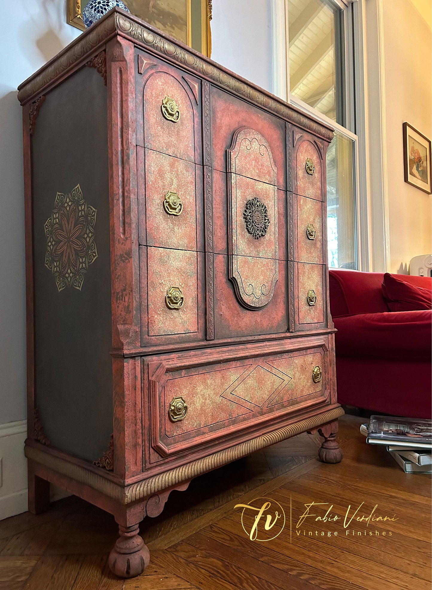 Tall Dresser Red and Yellow Moroccan Thirsties style with moldings