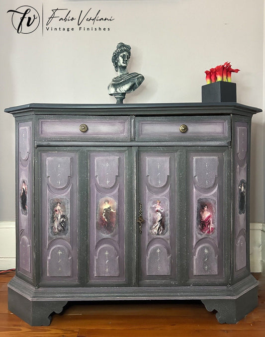 Vintage Italian Credenza, Lilac and Slate Gray paint With Boldini Ladies Images