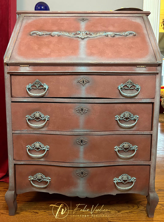 Vintage Art Nouveau-style Secretaire in Red and Copper Blue -Moldings and Stencils