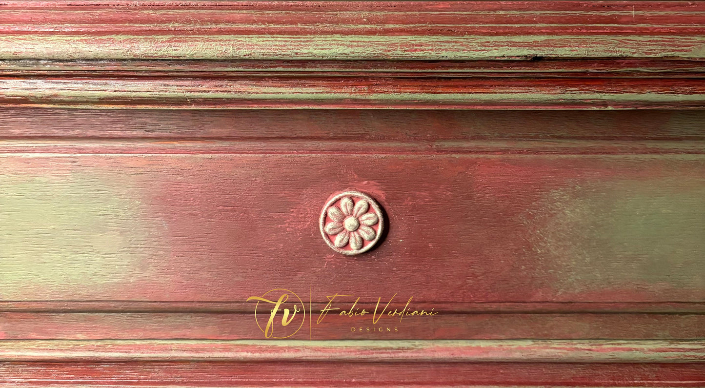 Service table for dining room or butler’s pantry in Burgundy and Olive Green, distressed with moldings and stencil