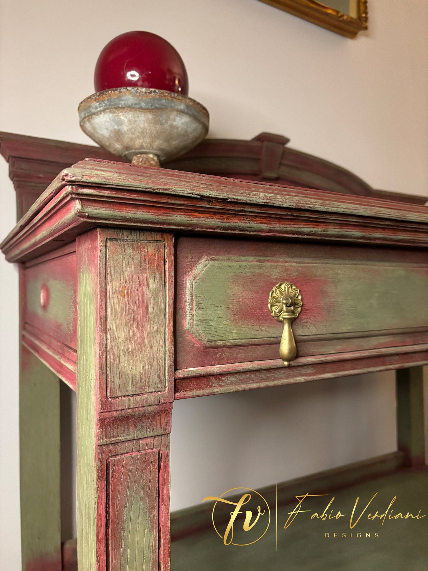 Service table for dining room or butler’s pantry in Burgundy and Olive Green, distressed with moldings and stencil