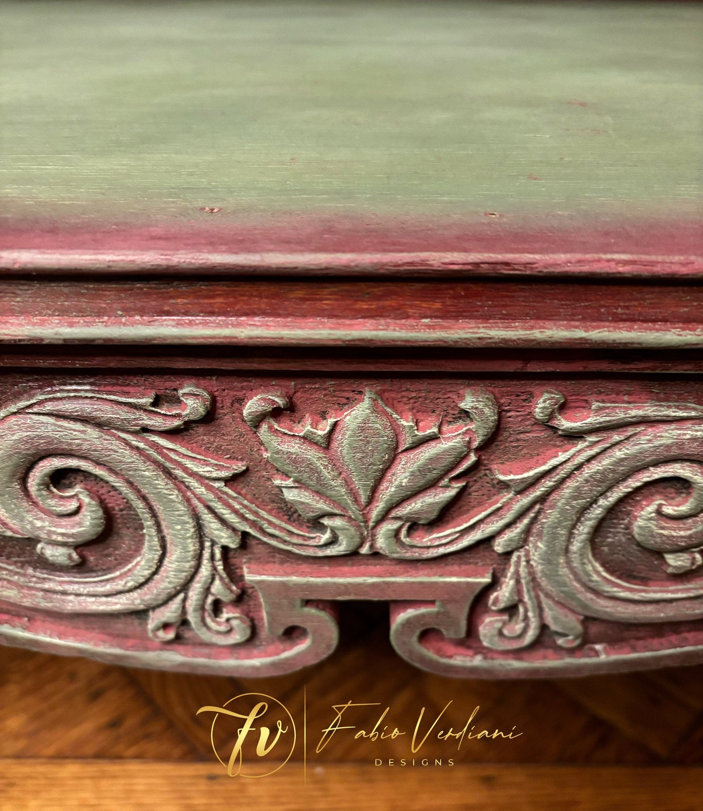 Service table for dining room or butler’s pantry in Burgundy and Olive Green, distressed with moldings and stencil