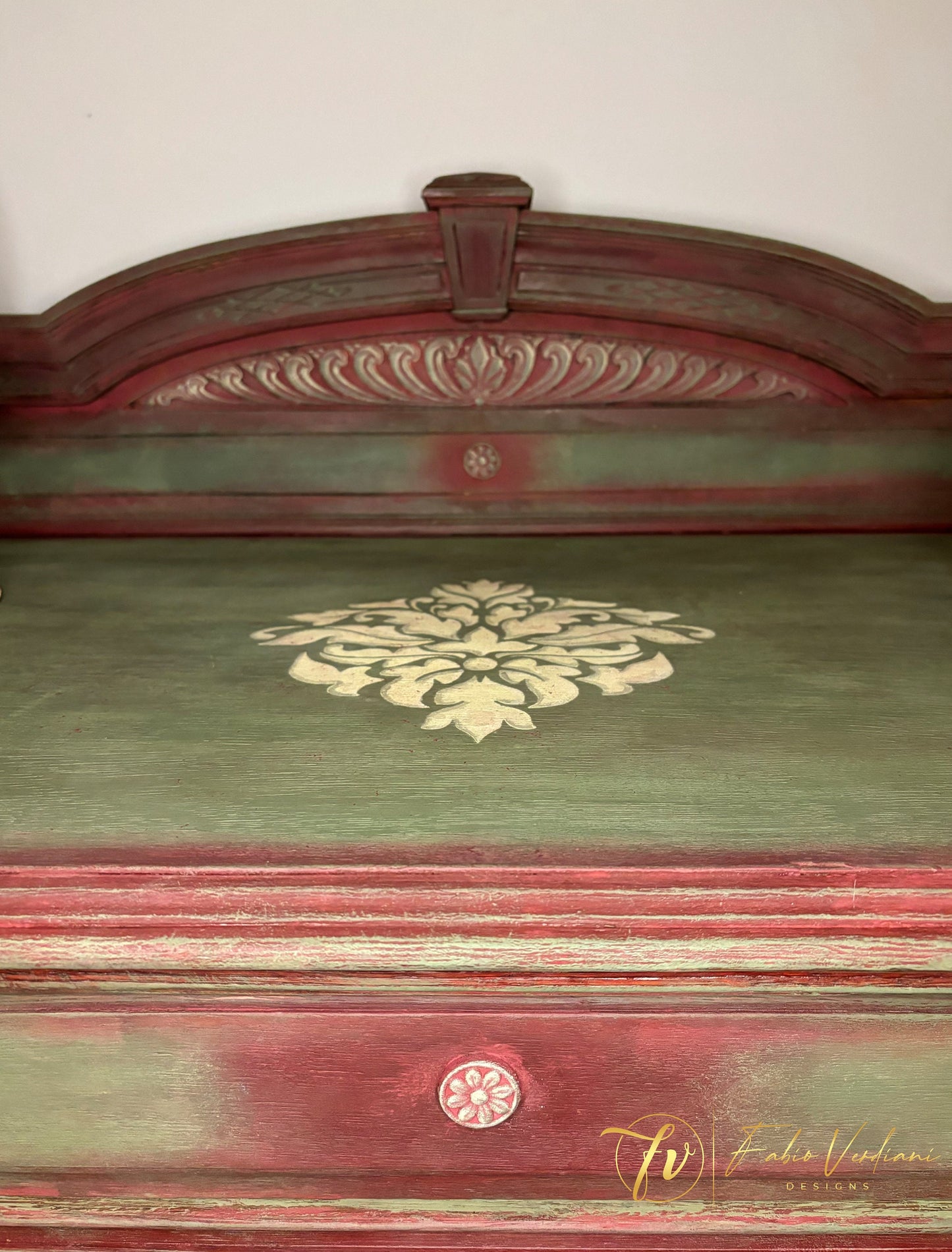 Service table for dining room or butler’s pantry in Burgundy and Olive Green, distressed with moldings and stencil