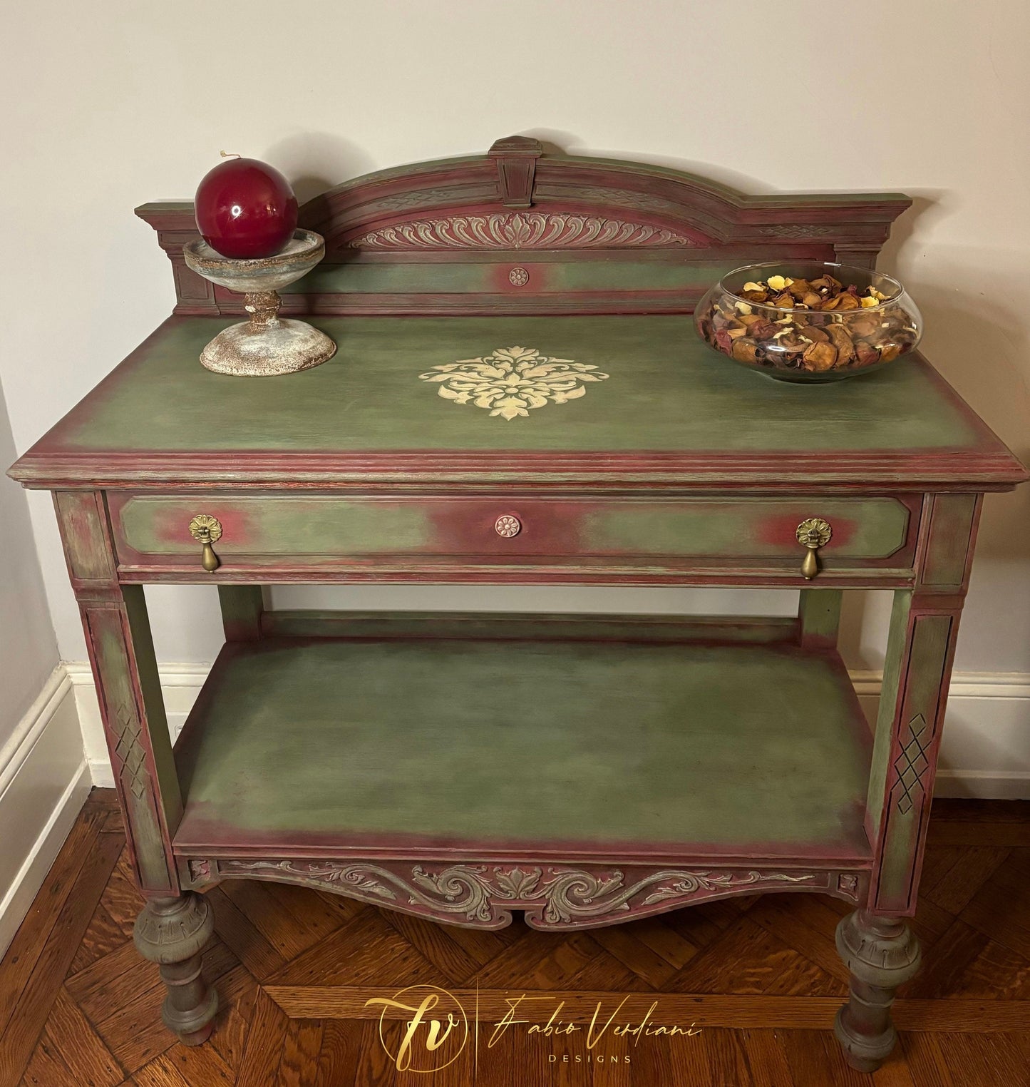 Service table for dining room or butler’s pantry in Burgundy and Olive Green, distressed with moldings and stencil