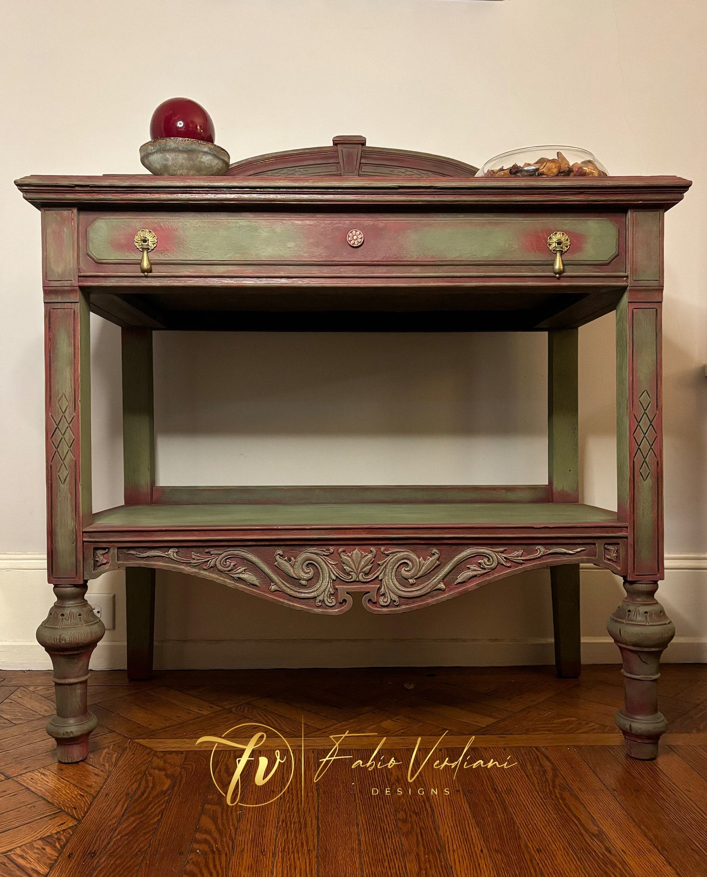 Service table for dining room or butler’s pantry in Burgundy and Olive Green, distressed with moldings and stencil