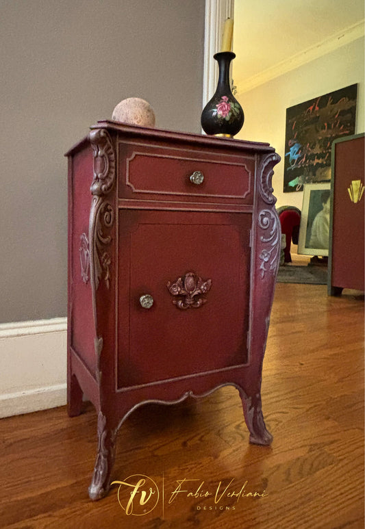 Small Vintage Nightstand - Burgundy and Silver