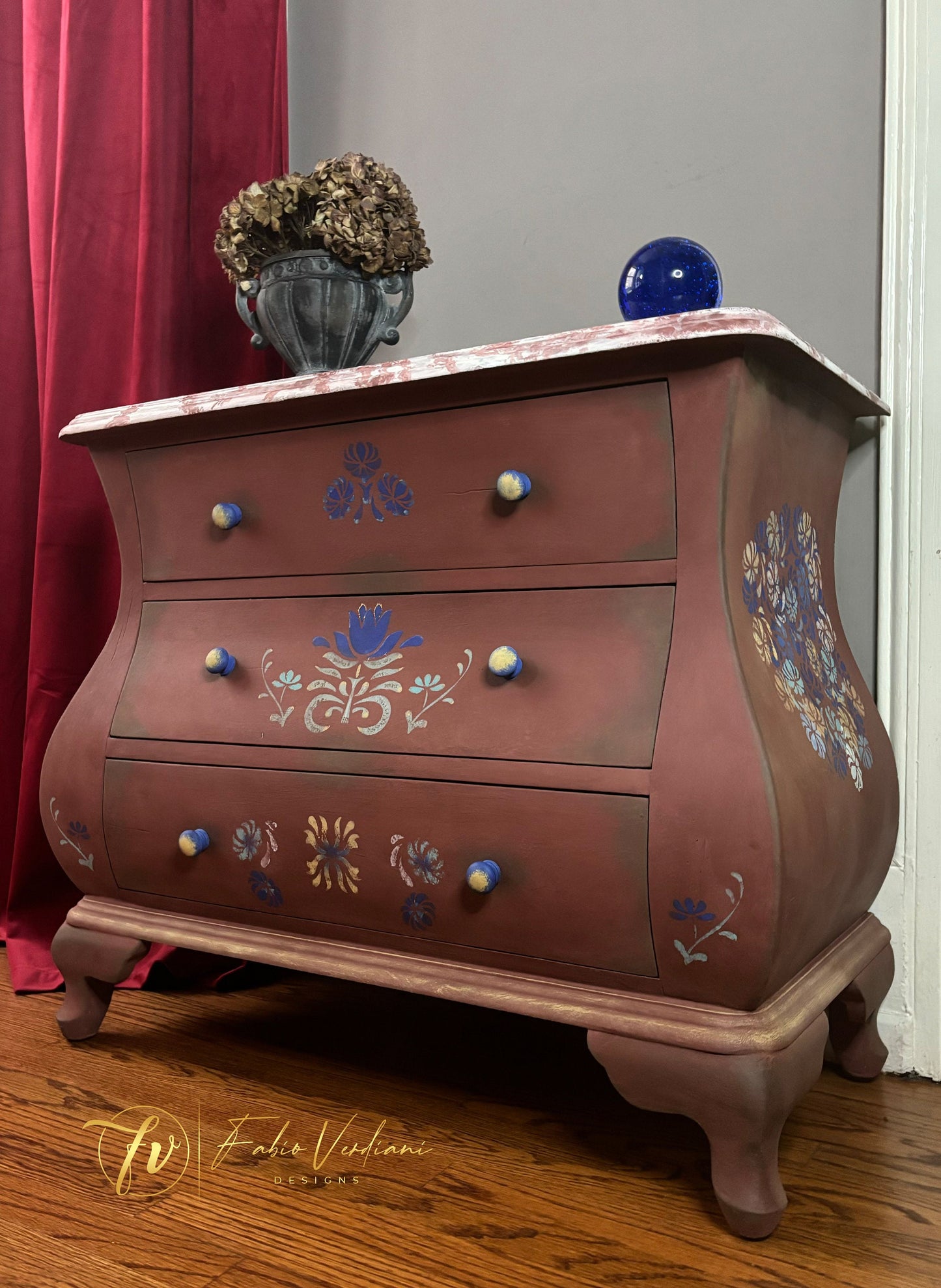 Large Mexican Style Nightstand- Terracotta, Painted Flowers and Faux Red Marble