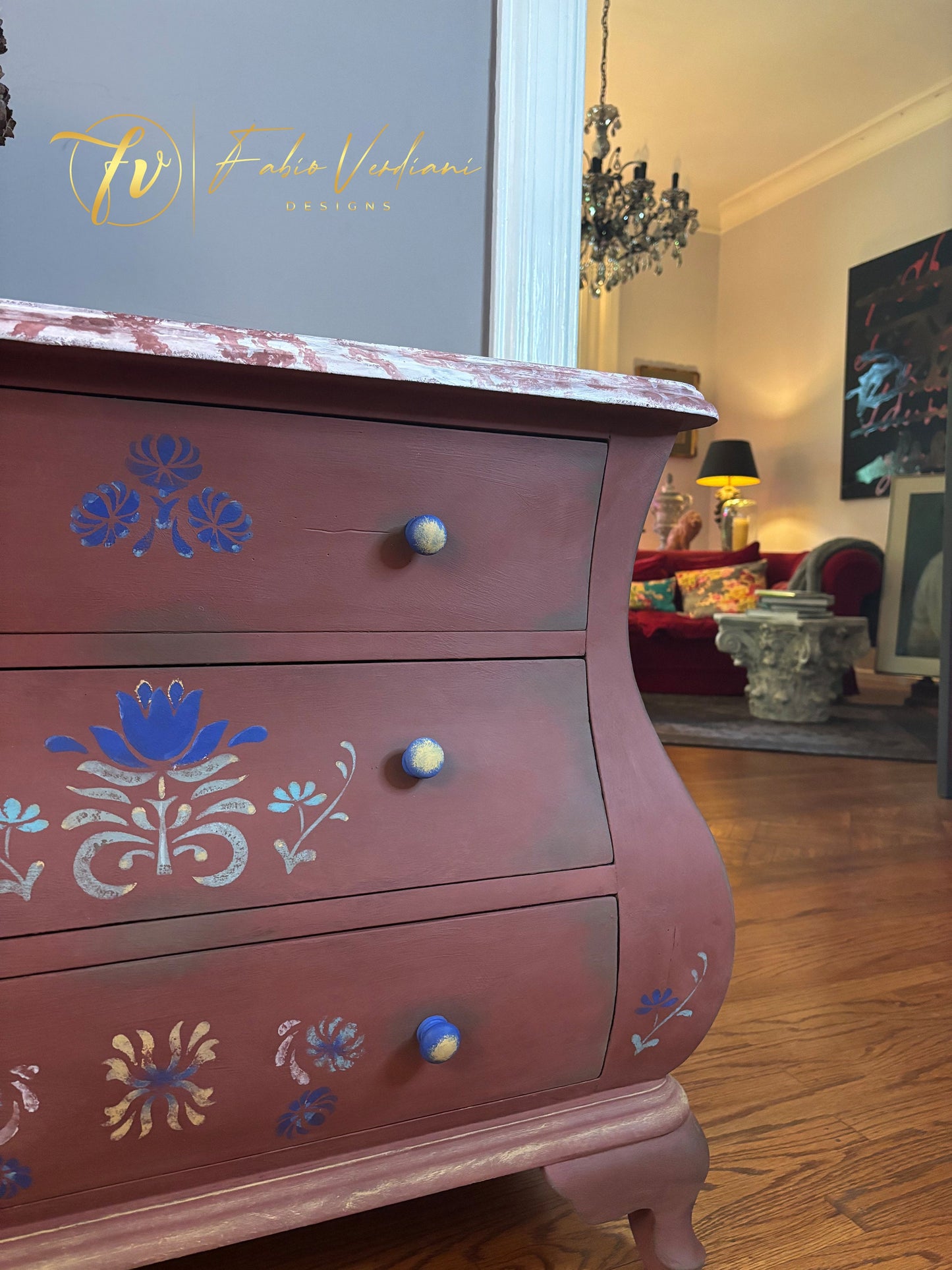 Large Mexican Style Nightstand- Terracotta, Painted Flowers and Faux Red Marble