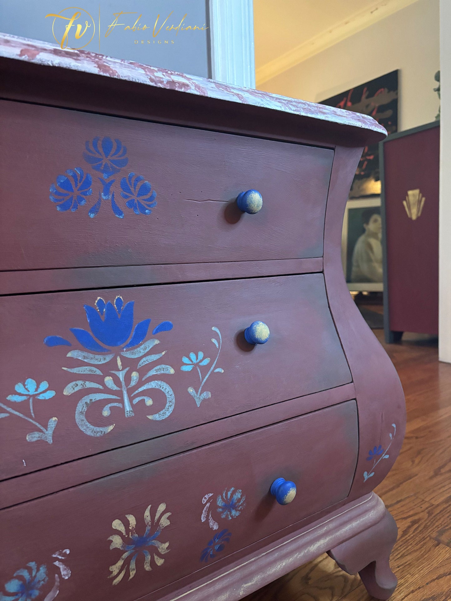 Large Mexican Style Nightstand- Terracotta, Painted Flowers and Faux Red Marble