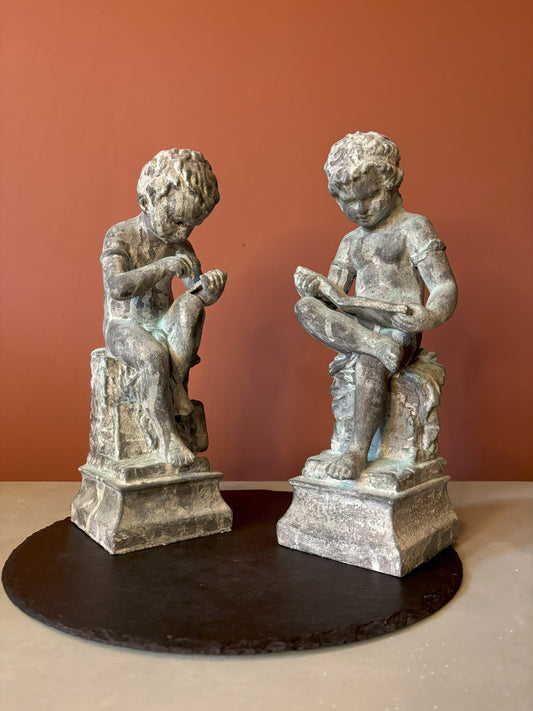 2 Small Statues of young boys reading- Slate Grey and Verdigris Milk Paint Distressed