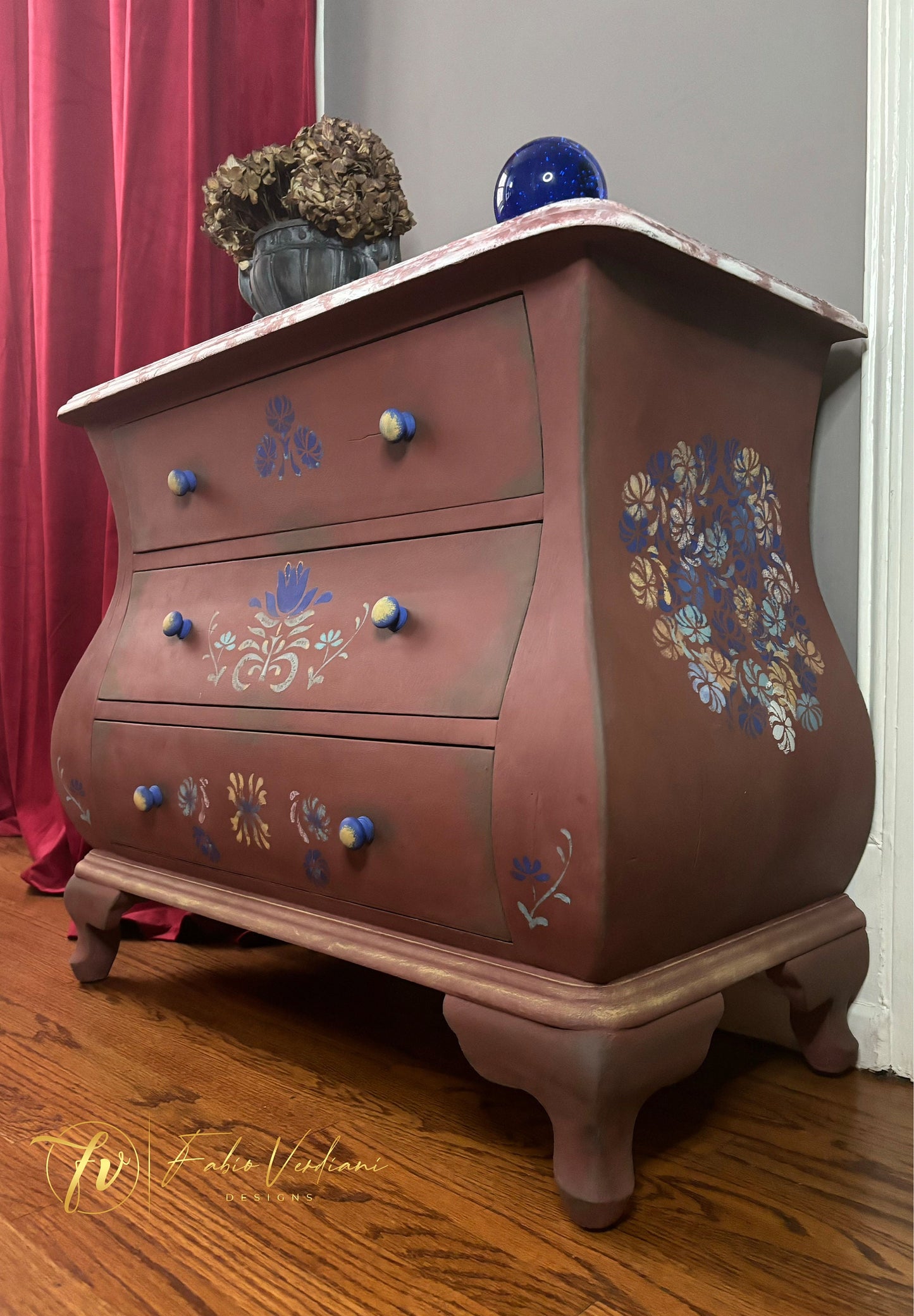 Large Mexican Style Nightstand- Terracotta, Painted Flowers and Faux Red Marble