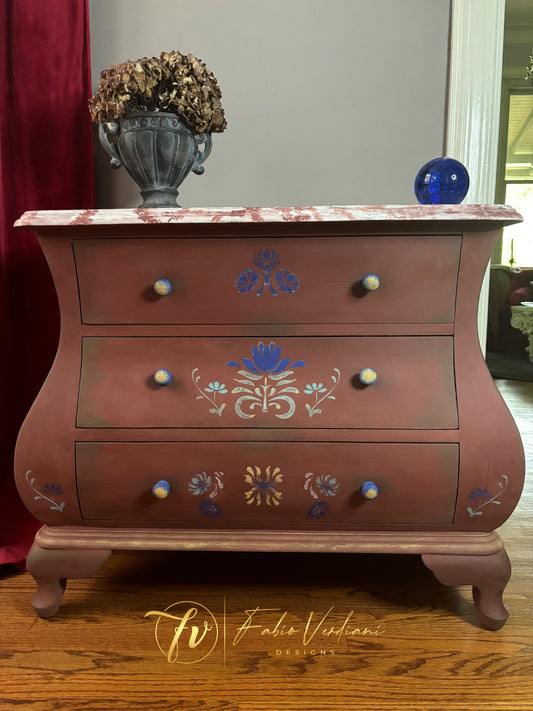 Large Mexican Style Nightstand- Terracotta, Painted Flowers and Faux Red Marble