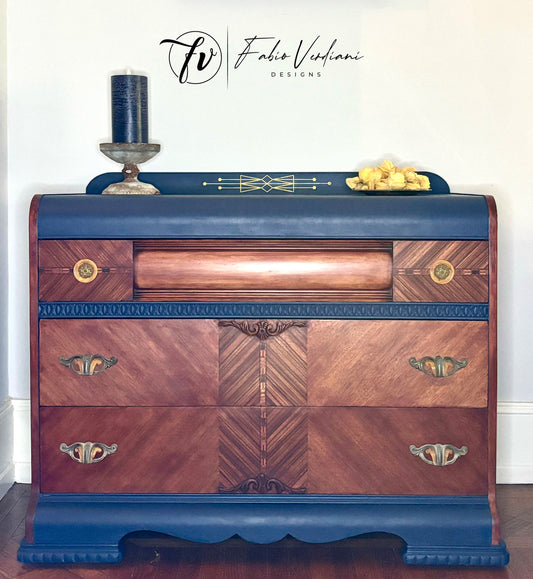 Art deco waterfall dresser - Navy Blue Top and Frame and Cherry Red Veneer drawers and sides