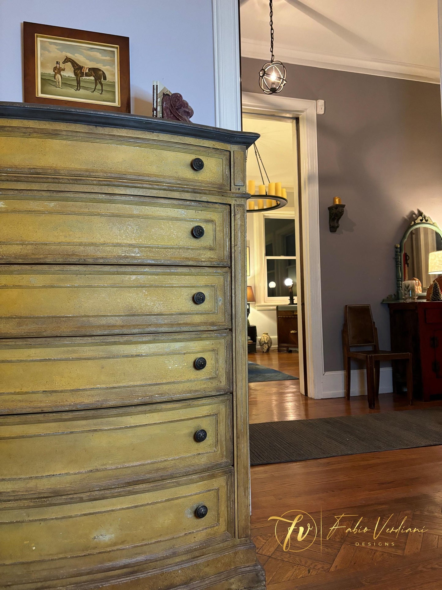 Tall Dresser- Patina Toscana distressed and chippy Mustard Yellow and Dark Brown