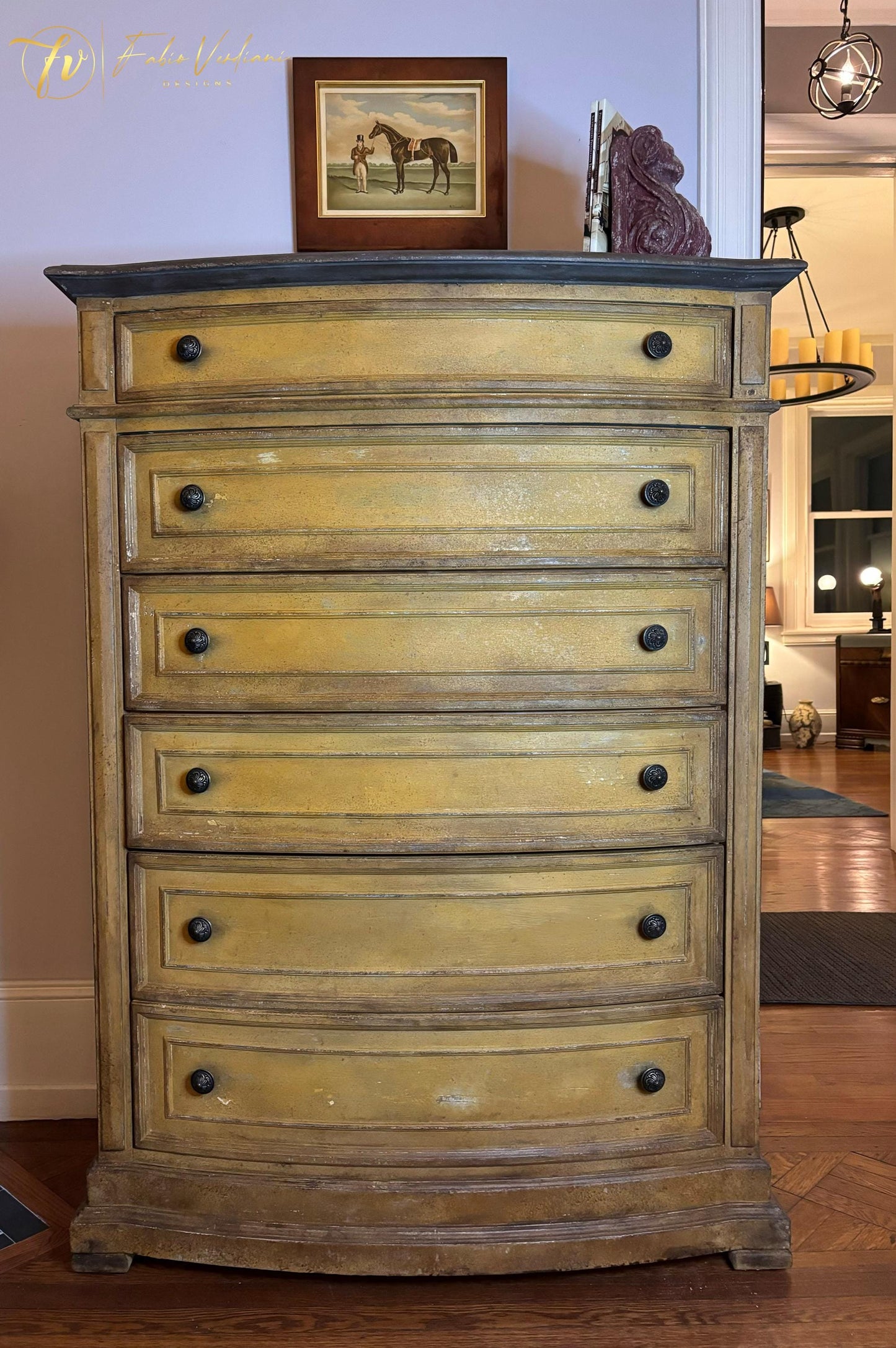 Tall Dresser- Patina Toscana distressed and chippy Mustard Yellow and Dark Brown