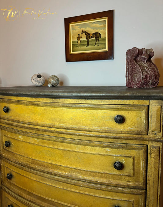 Tall Dresser- Patina Toscana distressed and chippy Mustard Yellow and Dark Brown