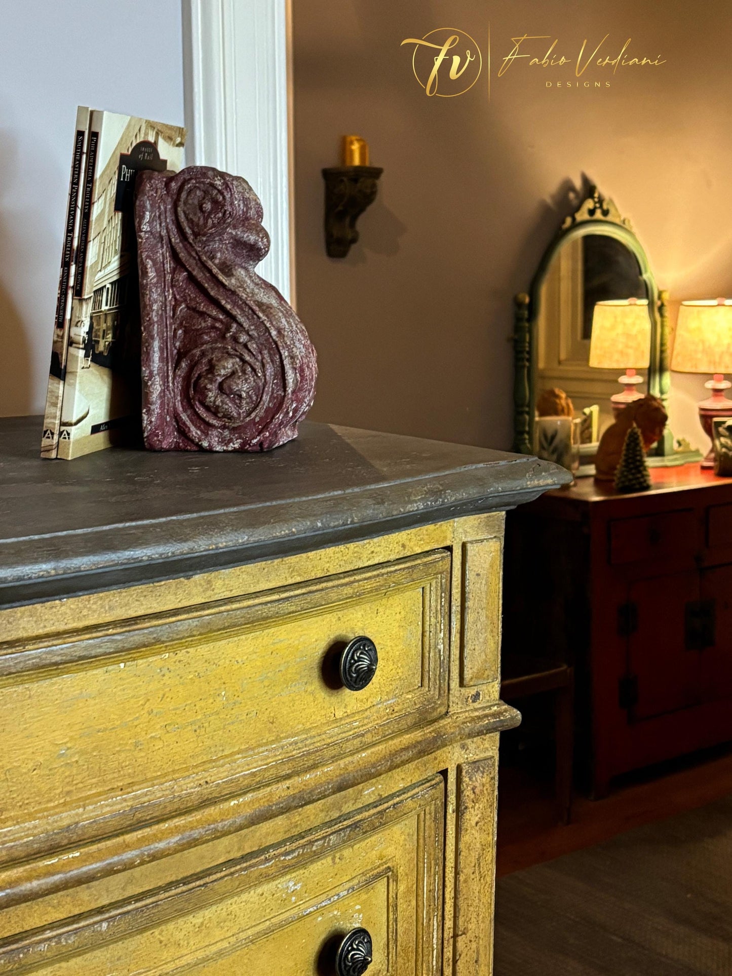 Tall Dresser- Patina Toscana distressed and chippy Mustard Yellow and Dark Brown