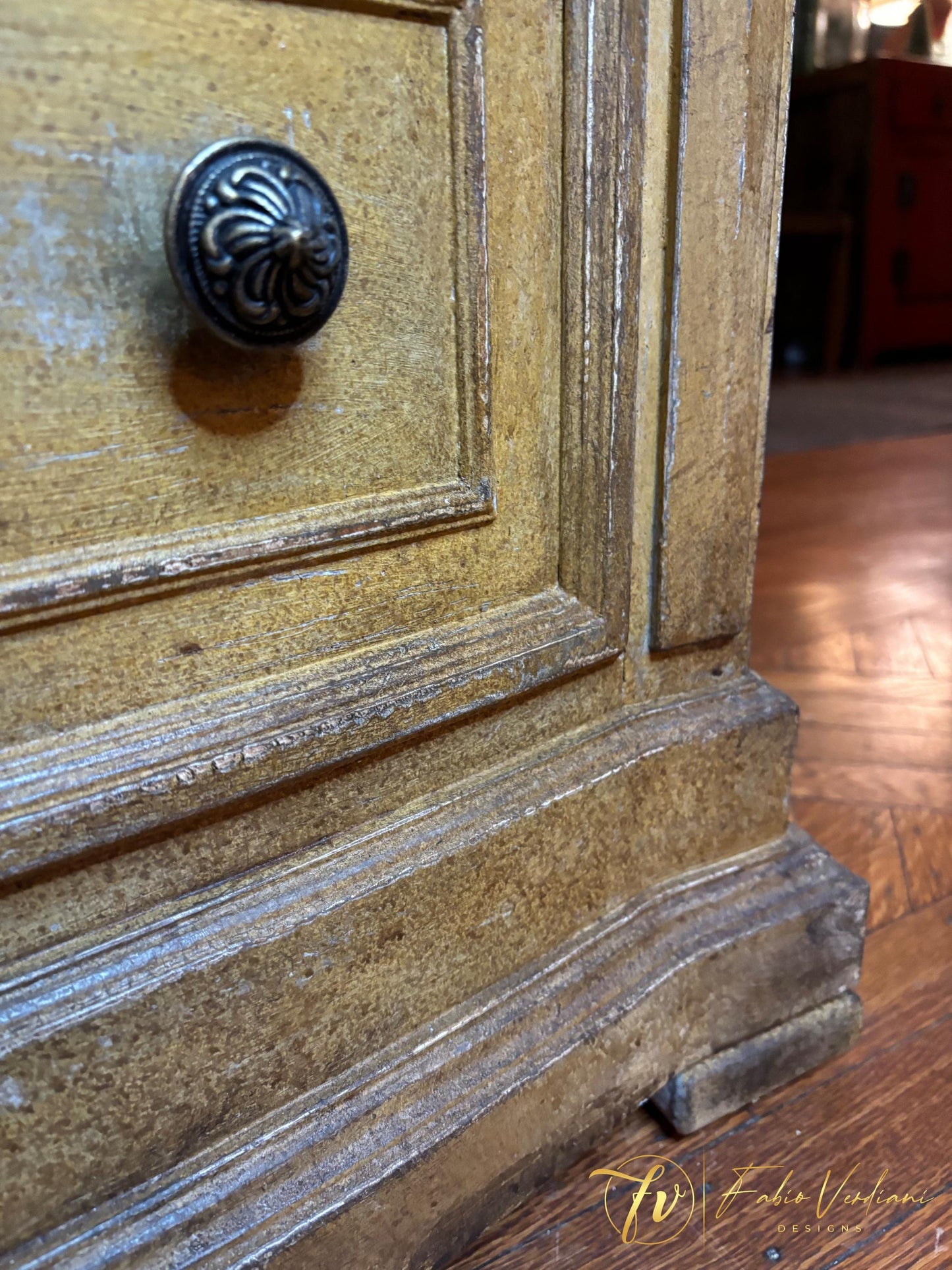 Tall Dresser- Patina Toscana distressed and chippy Mustard Yellow and Dark Brown