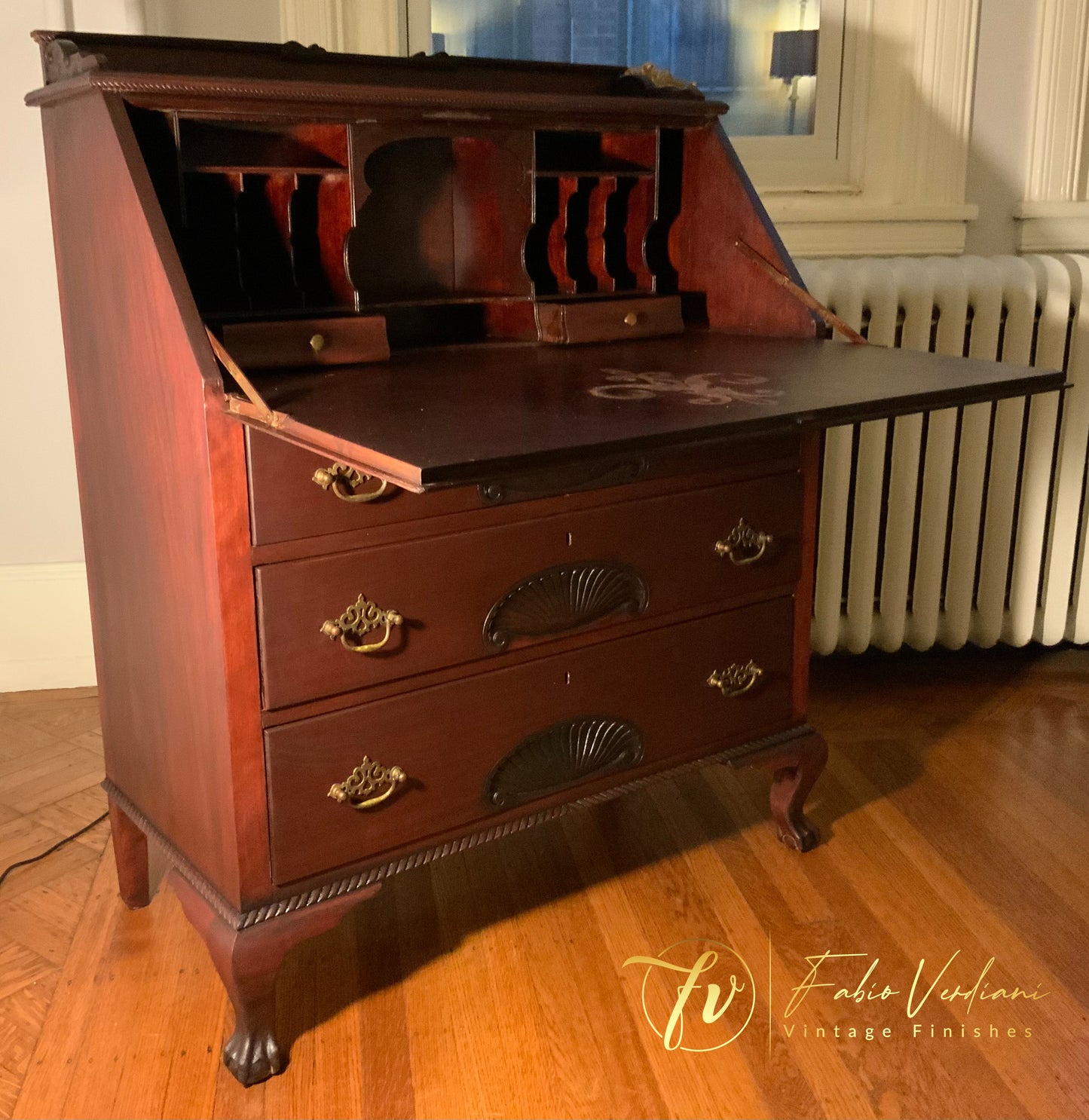 Chippendale Style Cherry Slant Secretary Desk with Shell Carvings and Ball and Claw Legs