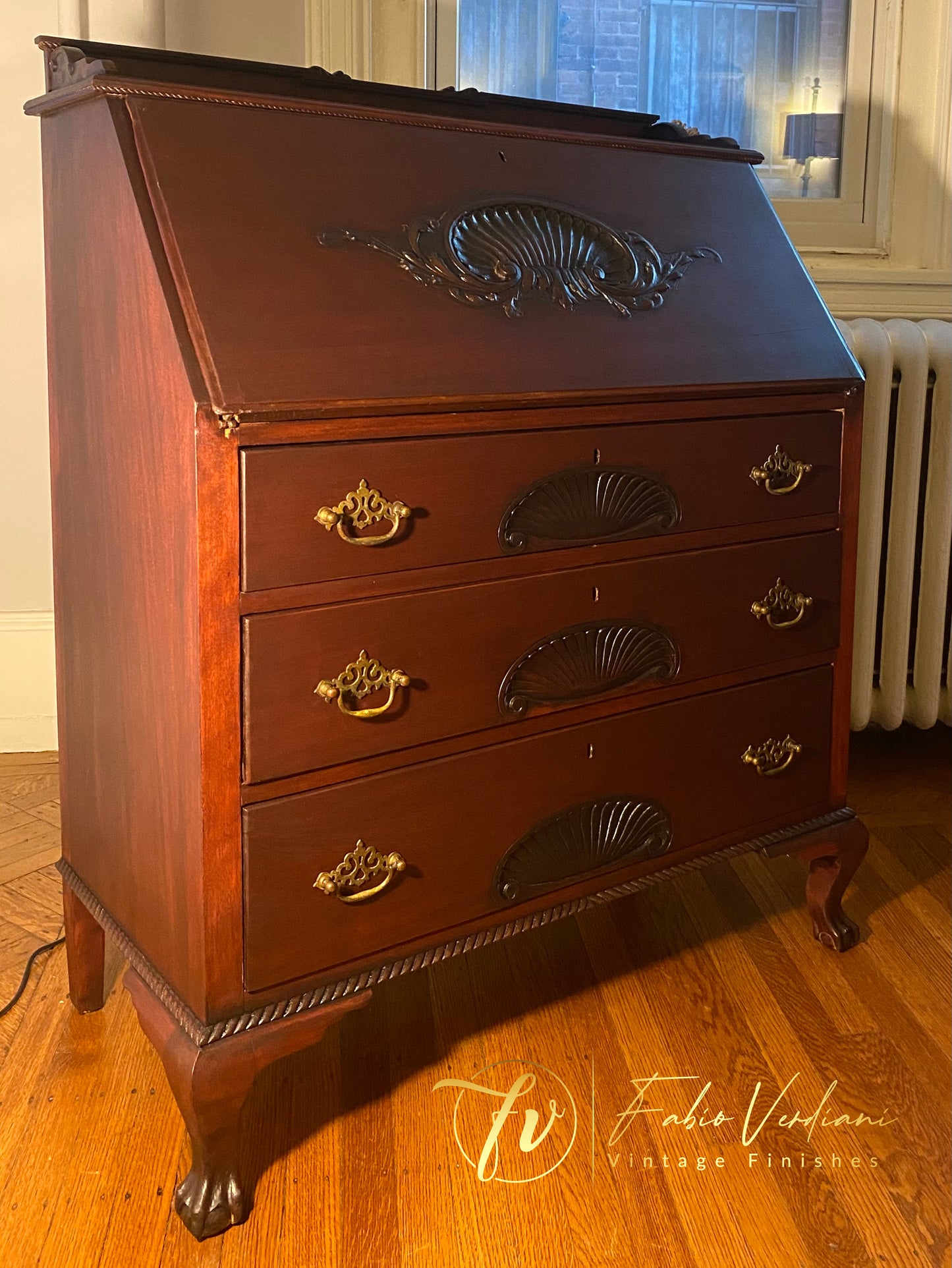 Chippendale Style Cherry Slant Secretary Desk with Shell Carvings and Ball and Claw Legs