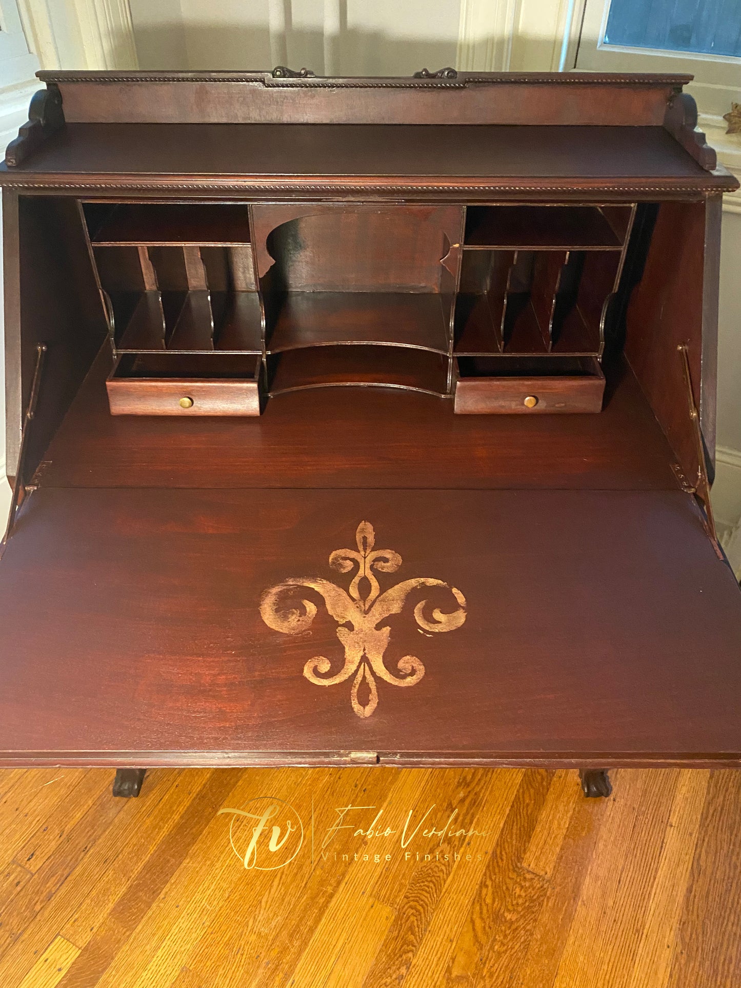 Chippendale Style Cherry Slant Secretary Desk with Shell Carvings and Ball and Claw Legs